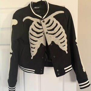 Iron Fist Black and White Varsity Jacket with Skeleton Panel